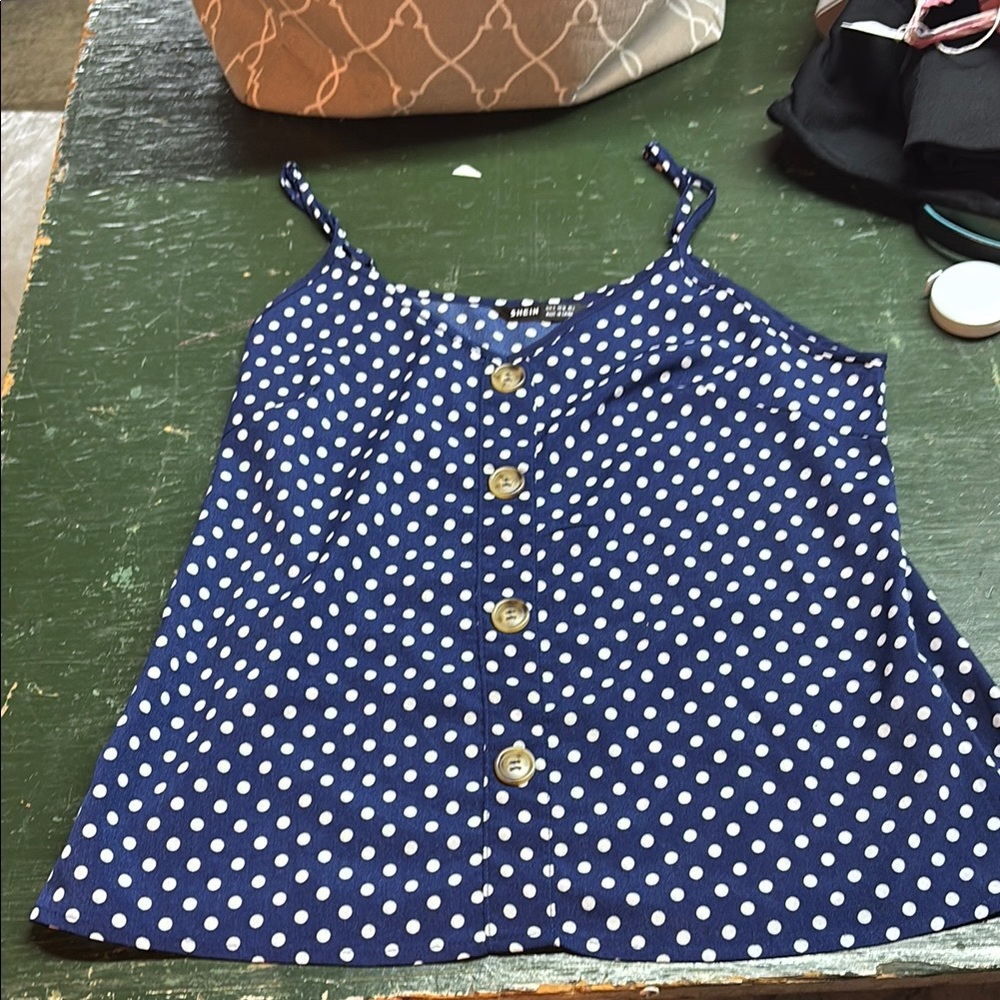 Polka Dot Button-Up Camisole Top - Blue